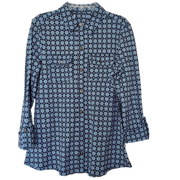 Charter Club Womens Blue Shirt Geometric Boho Collared Long Sleeve Size S - Picture 1 of 10
